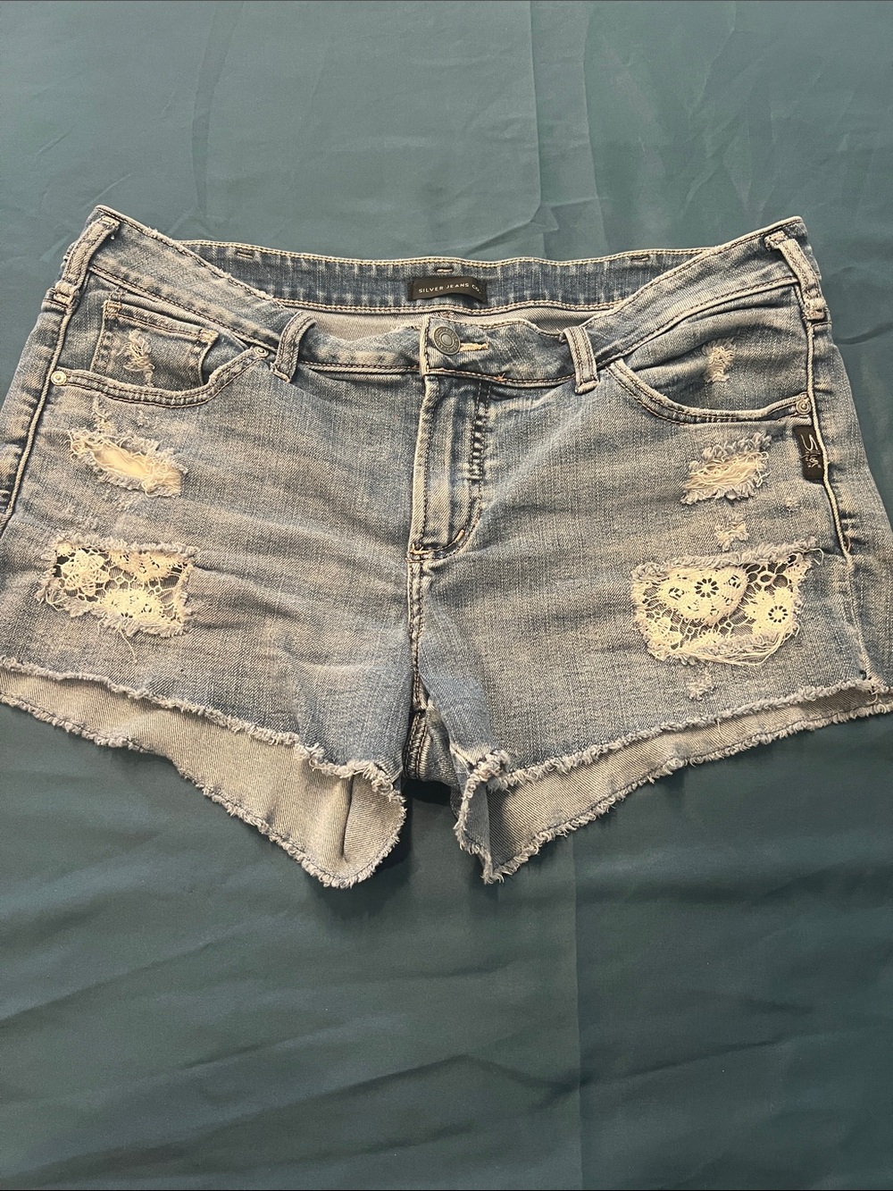 Silver Lace-Inset Light Blue Denim Shorts - Women